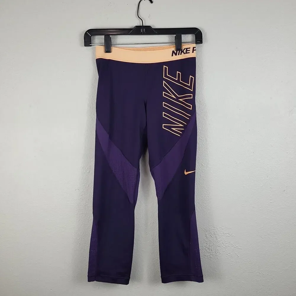 Nike Pro Hypercool Womens Purple Orange Elastic Waist Cropped Legging Sz Small